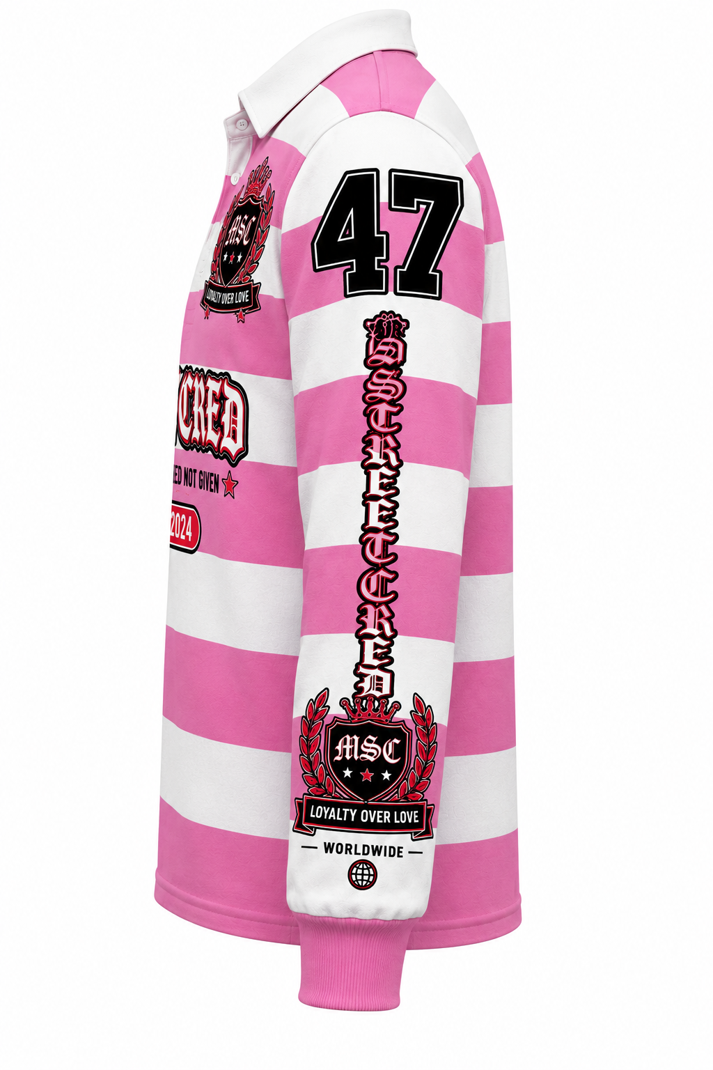 Mr. Street Cred® Loyalty Over Love Rugby Shirt – Pink & White Limited Edition
