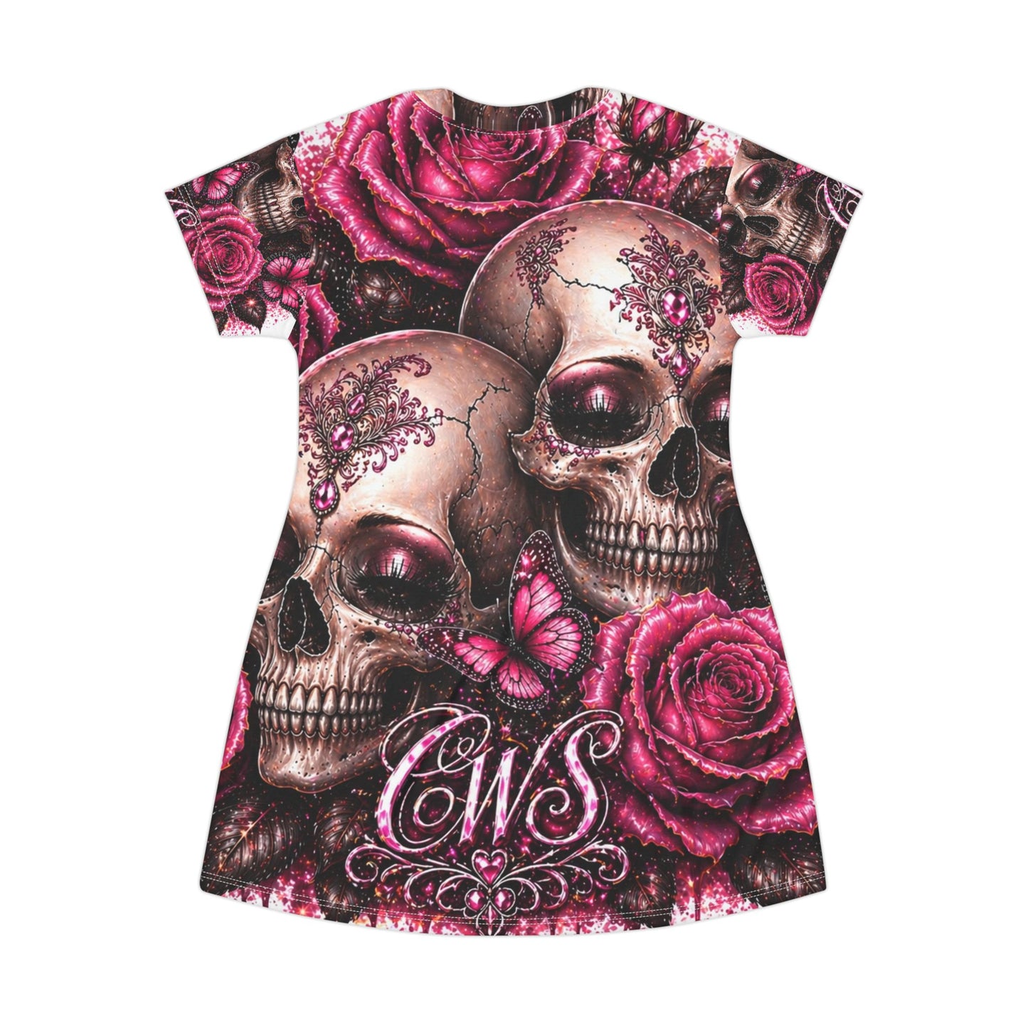 Skull & Roses T‑Shirt Dress — Gothic Pink Floral Skull Print