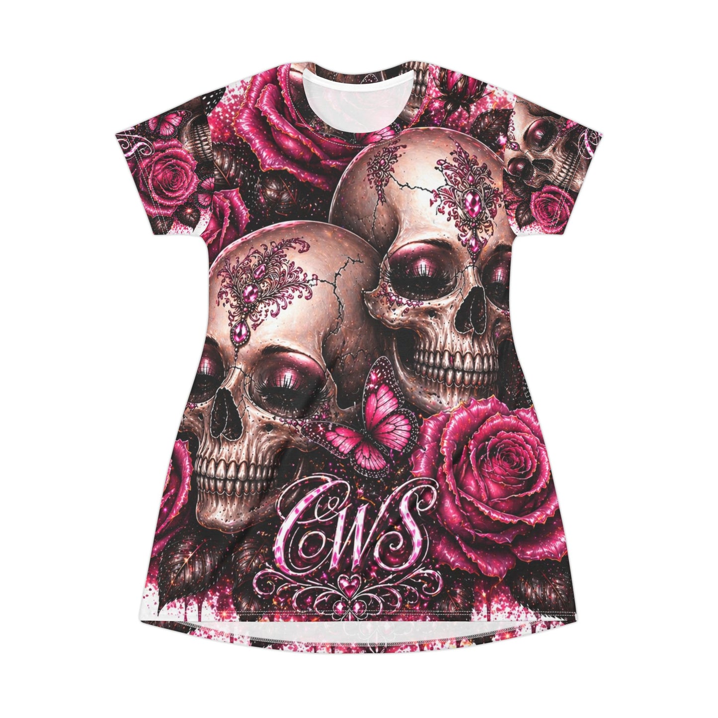 Skull & Roses T‑Shirt Dress — Gothic Pink Floral Skull Print