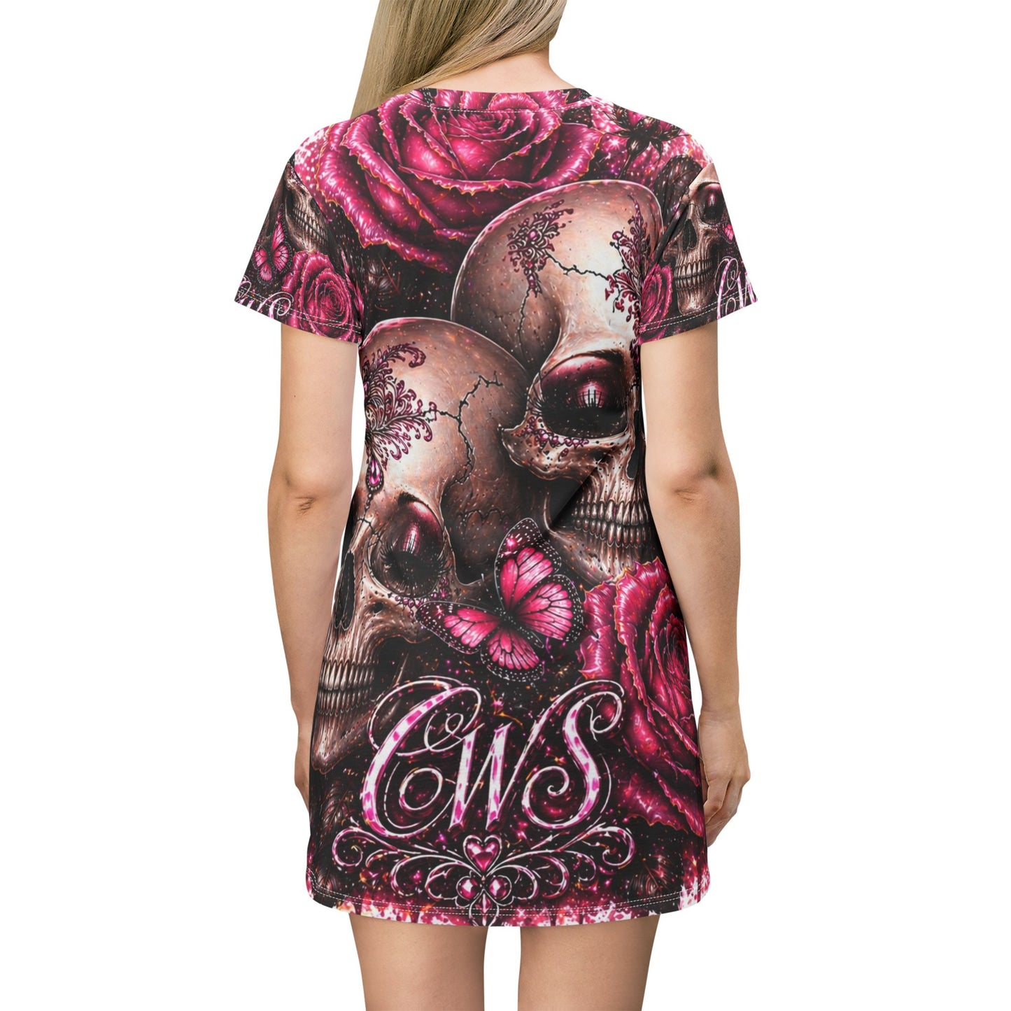 Skull & Roses T‑Shirt Dress — Gothic Pink Floral Skull Print