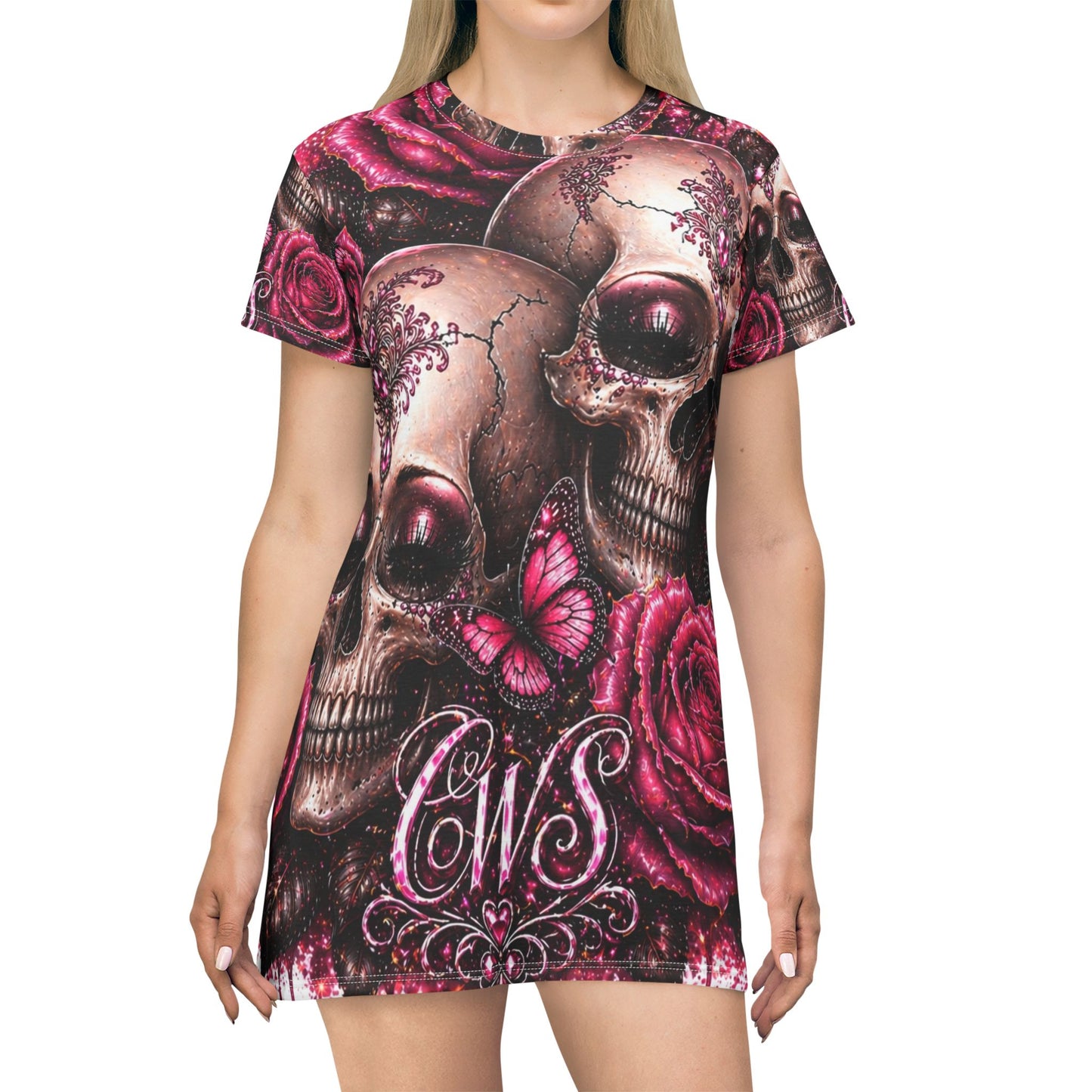 Skull & Roses T‑Shirt Dress — Gothic Pink Floral Skull Print