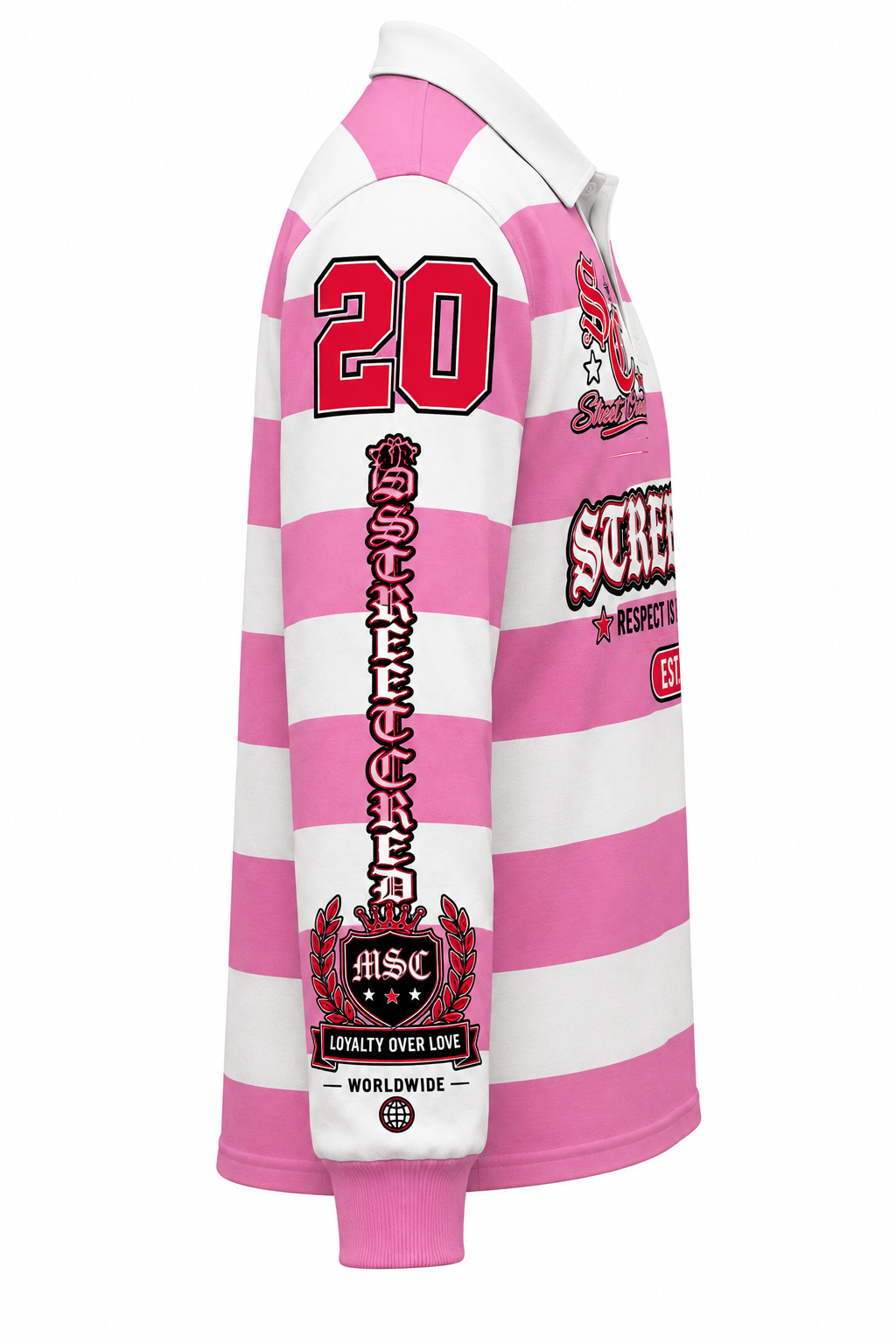 Mr. Street Cred® Loyalty Over Love Rugby Shirt – Pink & White Limited Edition